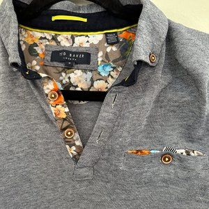 Ted Baker Slate Gray Floral Contrast Trim Polo Size 3 (like a Men's XS)